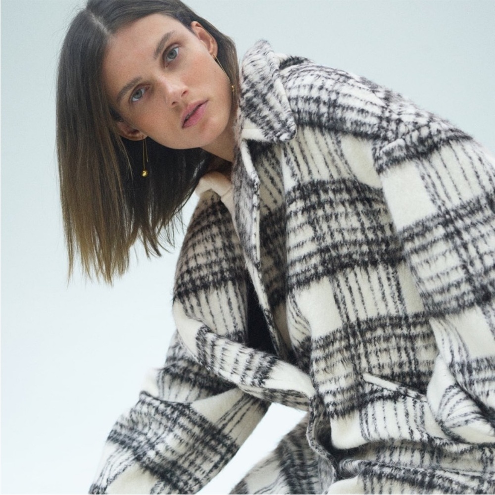 ZARA Black & White Plaid Brushed Wool Oversized Long Wool Coat - Picture 6 of 14
